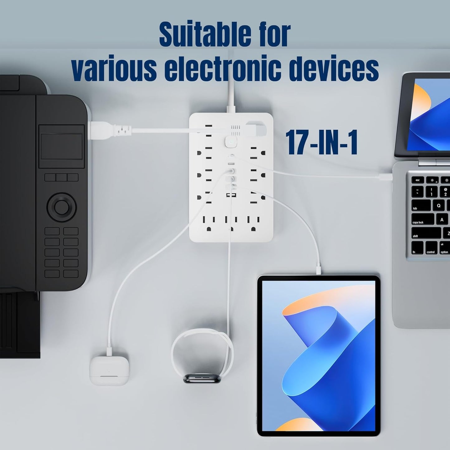 10 FT Flat Plug Surge Protector Power Strip,11 Multiple AC Outlets with 6 USB Ports (2 USB C), 6 Feet Extension Cord, 1250W/10A, One Touch Switch Button, White