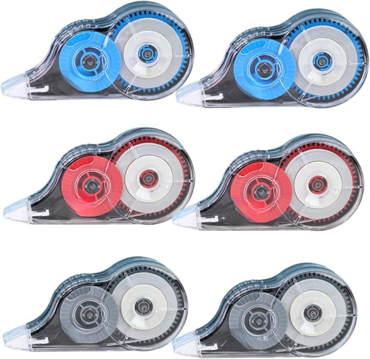 39.37ft Correction Tape with Dispenser, 6-Count Pack, Fast Clean and Easy-to-Use Tear-Resistant Correction Tape Office School Supplies, Blue/Red/Gray