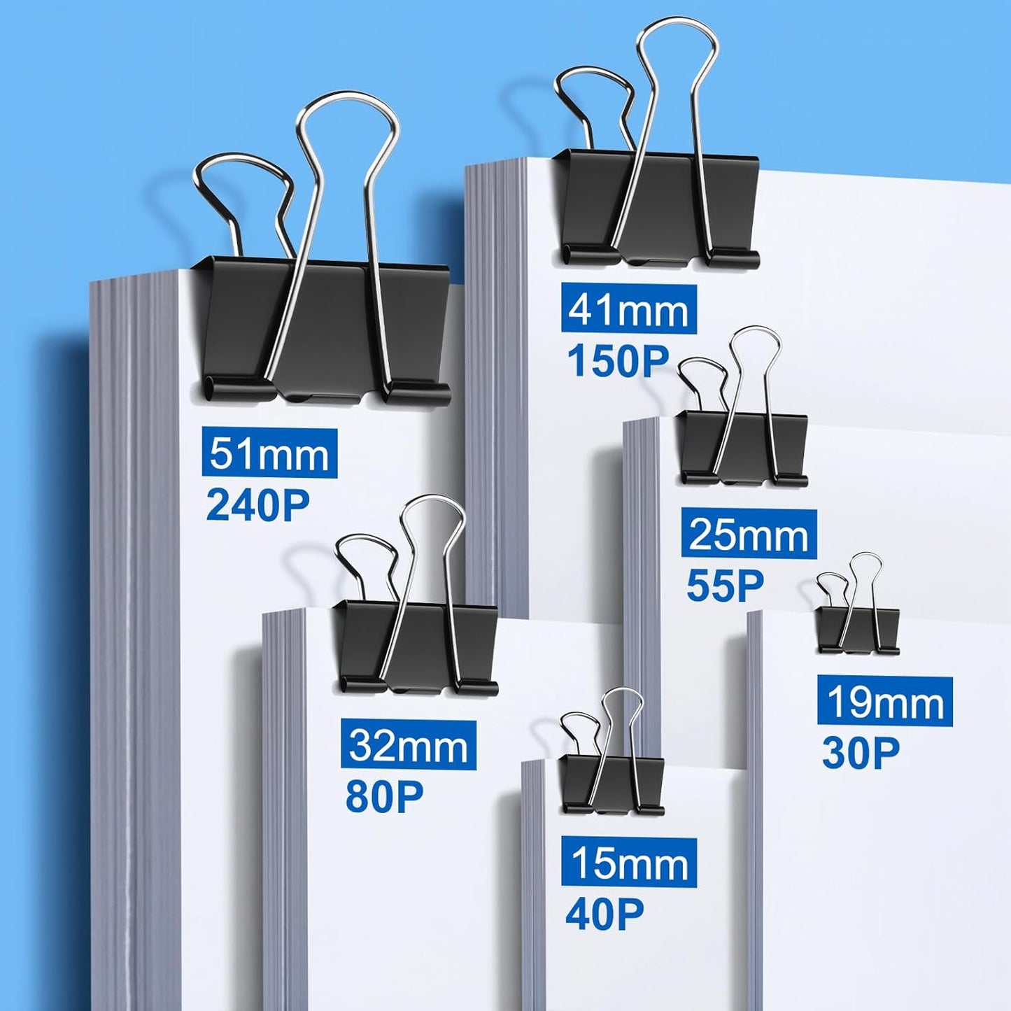 150 PCS Binder Clips Assorted Sizes, Extra Large Medium Small Mini and Micro, Metal Paper Binder Clip Black,Paper Clamps, 6 Sizes for Office, School and Home
