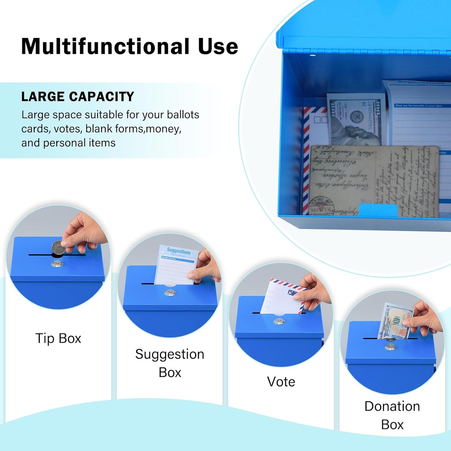 xydled Wall Mounted Ballot & Donation Box with 50 Suggestion Cards, Metal Suggestion Collection Box with Key Lock, Blue, 8.7"x 5.9"x7.1"