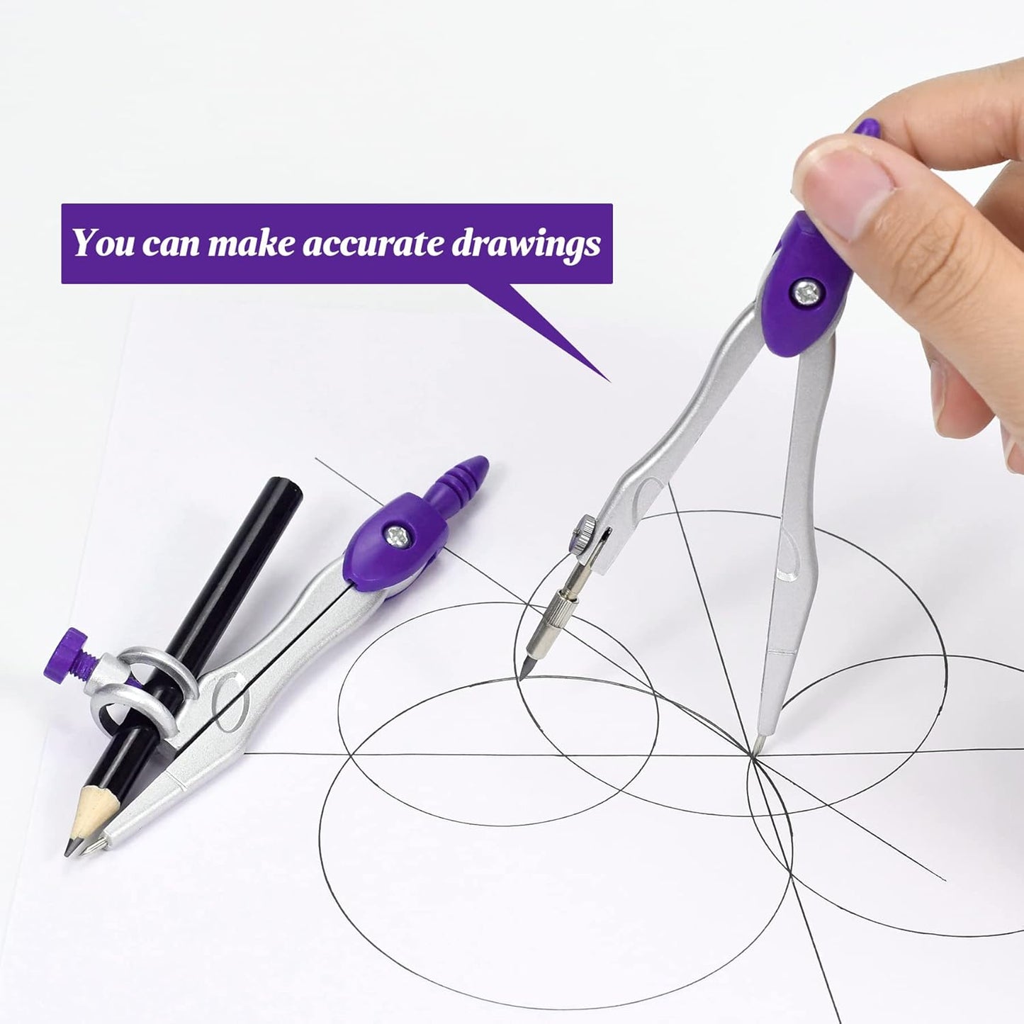 Math Geometry Kit Sets 10 Piece Student Supplies with Shatterproof Storage Box,Includes Rulers,Protractor,Compass,Eraser,Pencil Sharpener,Lead Refills,Pencil,for Drafting and Drawings（Purple）