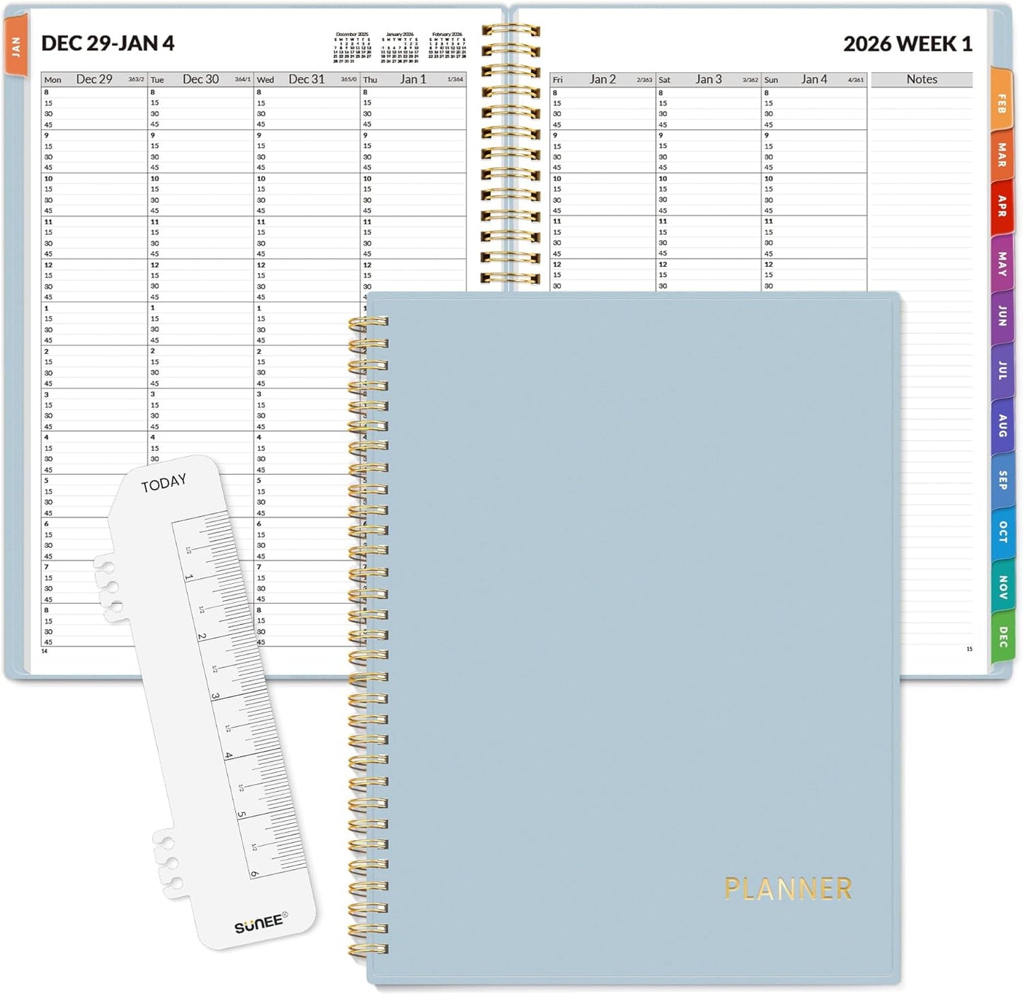 SUNEE 2026 Appointment Planner 15-Minute Time Block – Weekly & Monthly Spiral Organizer with Note Section – Thick Paper, Lay-Flat Bound – 8.5 x 11 for Office, School, Salon, Men & Women, Gray Blue