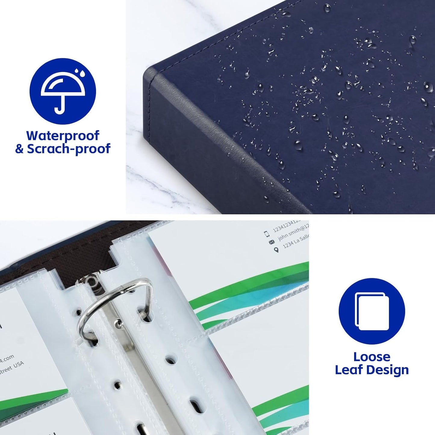 BYSTER A4 Business Card Book, PU Leather Organizer with 30 Pack Sleeves (600 Pockets), Business Card Binder for Credit Cards, Membership Cards, and More - Blue