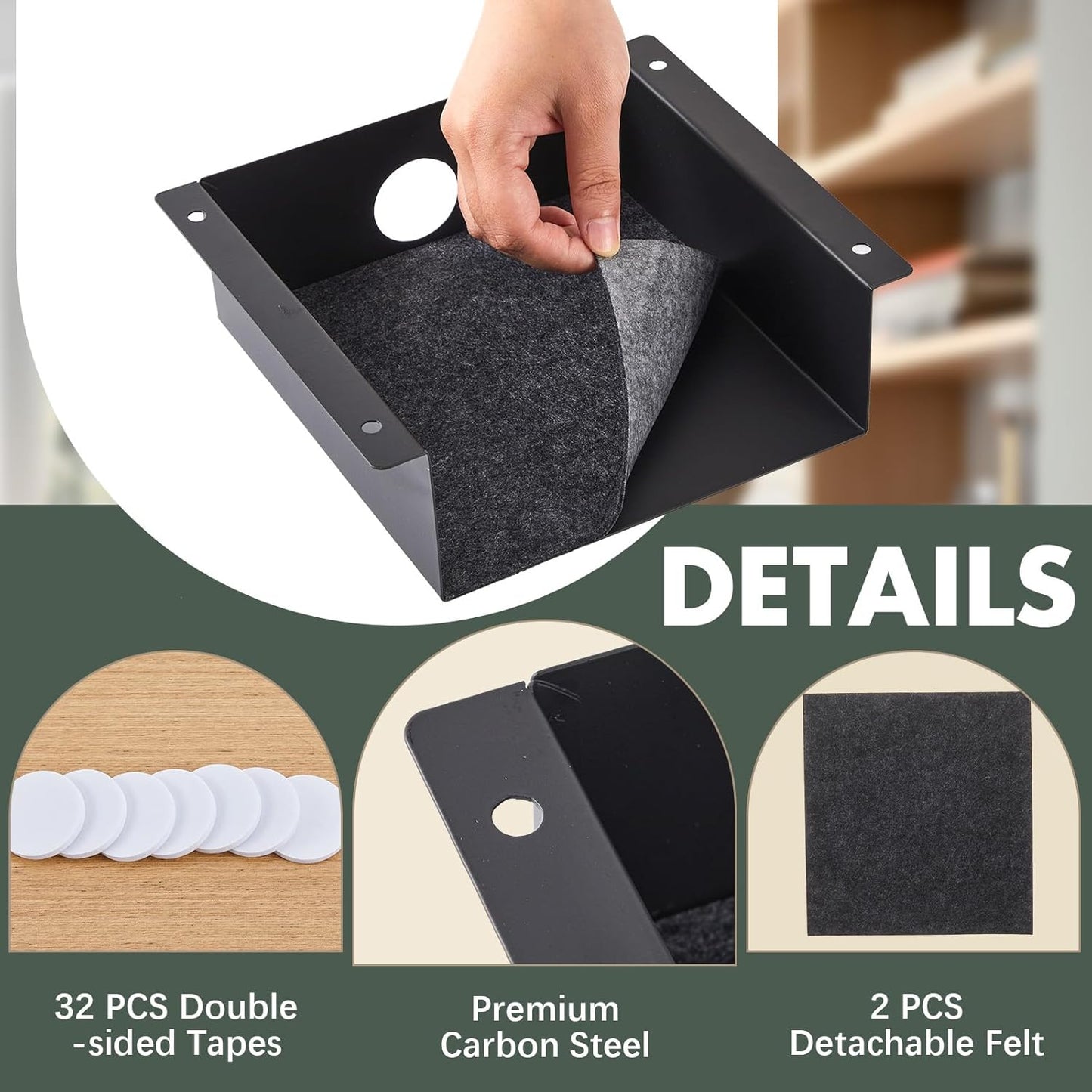 2 Pack Under Desk Storage Shelf, Carbon Steel Tray with Mute Felt Sheets, Mount Shelves Organizer for Office Home Workstation Gaming Stand Up Desk (7.5x8x2.8 In/Storage Shelf,Black)