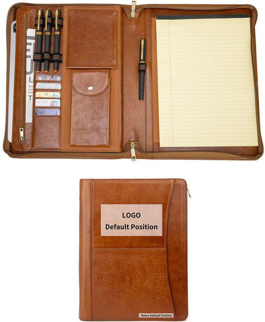 Personalized Genuine Leather Portfolio with Front Pocket for Men and Women, Custom Engraved Zippered Padfolio Binder for 8.5 x 11 Legal Pad Notebook, Professional Laptop Case, Brown, Oil Tanned