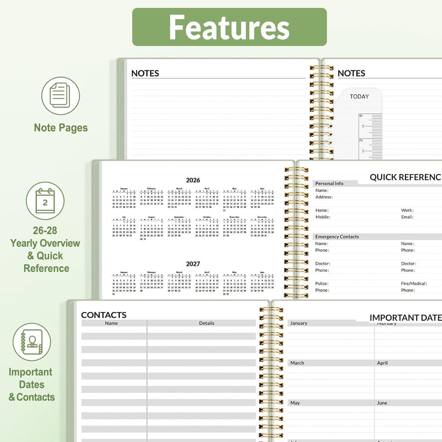 SUNEE 2026 Appointment Planner 15-Minute Time Block – Weekly & Monthly Spiral Organizer with Note Section – Thick Paper, Lay-Flat Bound – 8.5 x 11 for Office, School, Salon, Men & Women, Sage Green