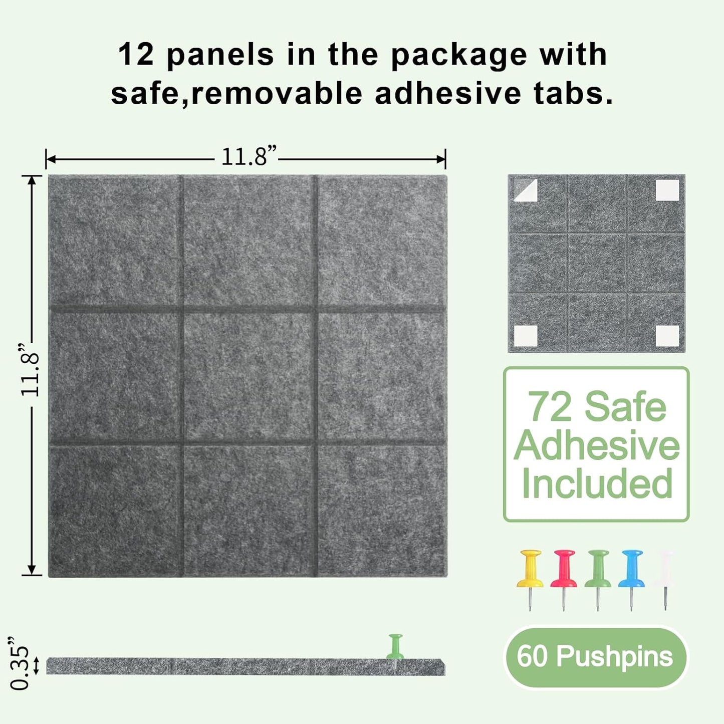 12 Pack Large Cork Board for Walls, 48" X 36" Felt Bulletin Board Tiles with 48 Safe Removable Adhesive Tabs & 60 Push Pin Board Decorative Cork Board Tack Board Wall Organizer for Office - Dark Grey