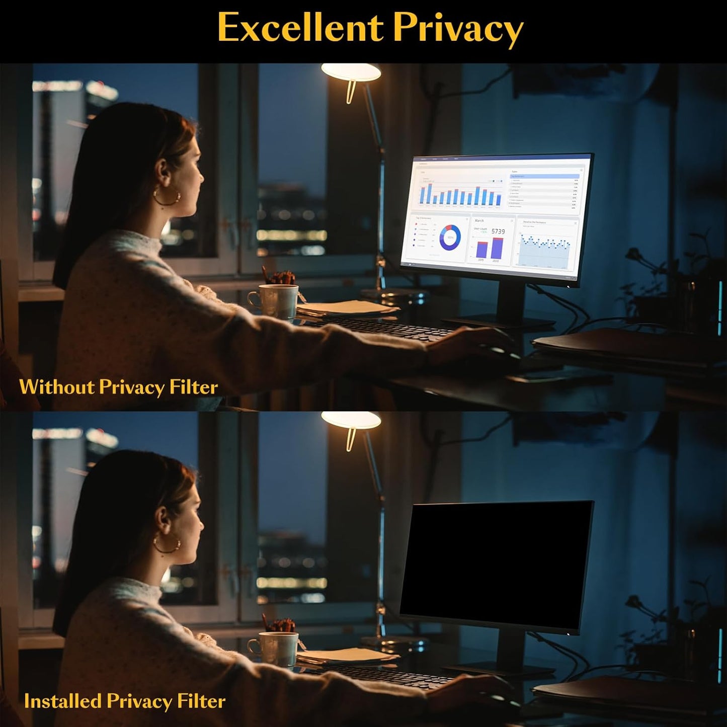 Magnetic Computer Privacy Screen Filter 24 Inch for Frameless Monitor Thin Bezel 16:9 Widescreen, 24in Hanging Removable Anti Blue Light Eye Protection Shield, Anti Spy Protector Panel