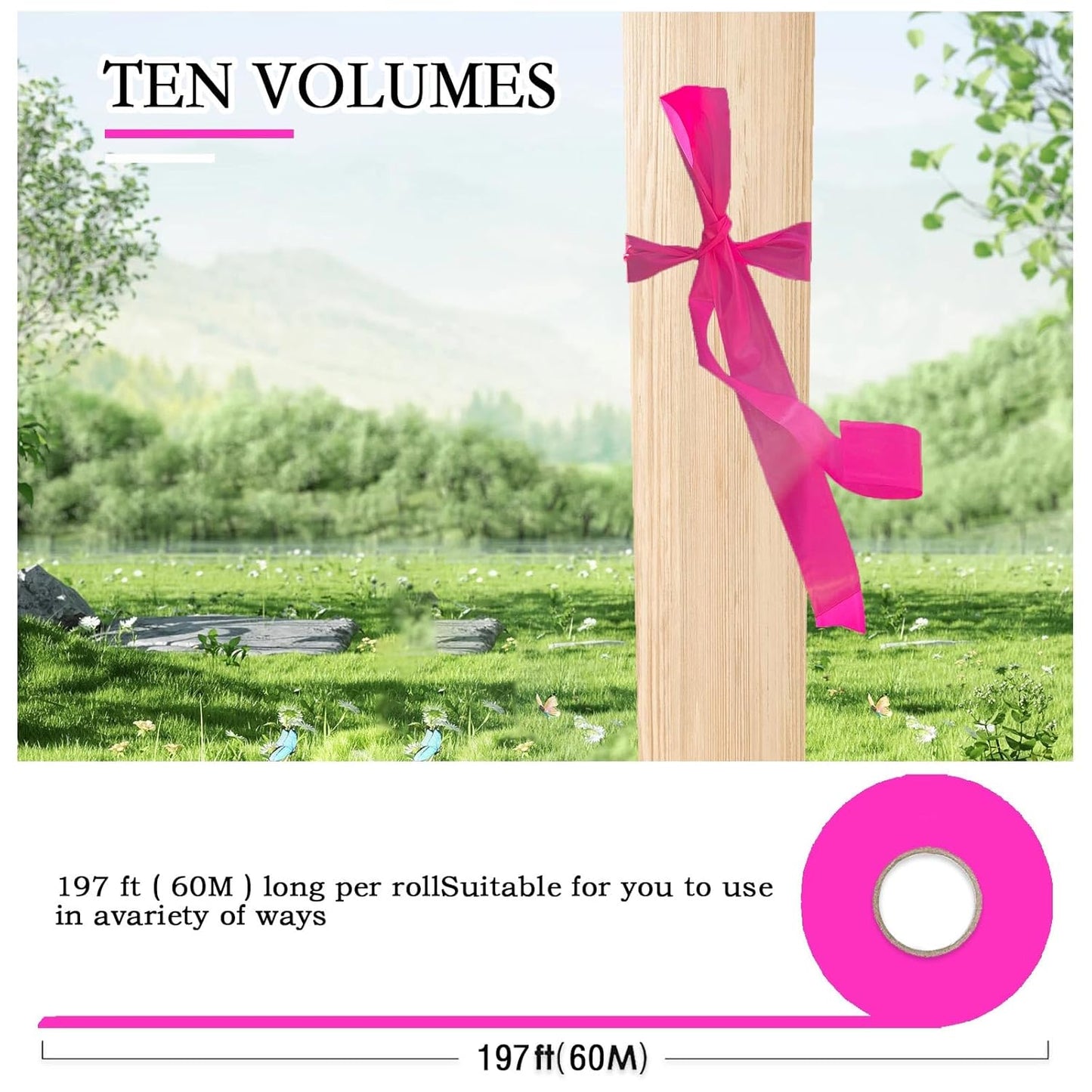 10 Pack Pink Flagging Tape, Non-Adhesive Plastic Ribbon Neon Marking Roll, 1inch*2000ft, Marking Tape for Tree Marking, Hunting, Boundaries and Hazardous Areas,Trail Marking