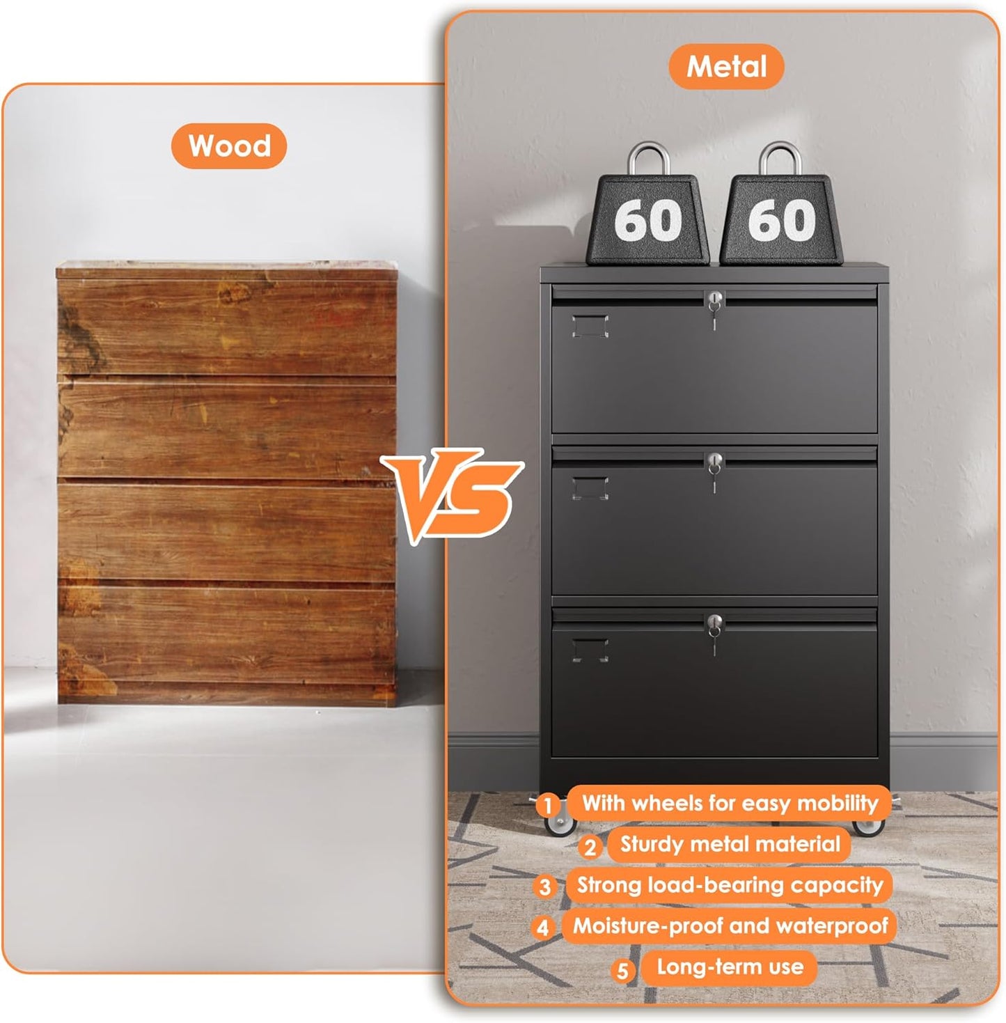 Aobabo 3 Drawer Lateral File Cabinet with Wheels,Metal Filing Cabinet with 3 Lock, for Home Office School Hanging Files Letter/Legal/F4/A4 Size, Assembly Required, Black