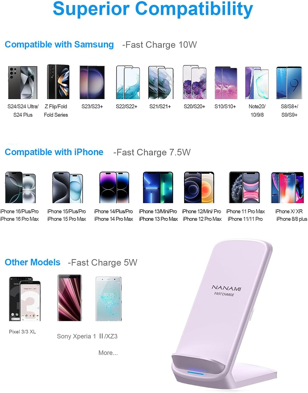 NANAMI Wireless Charger for Samsung and iPhone - 10W Fast Qi-Certified Induction Charger Stand for Galaxy S24/S23/S22/S21/S20/Note 20/10, Wireless Charging Stand for iPhone 17/17 Air/16/15/14/13/12