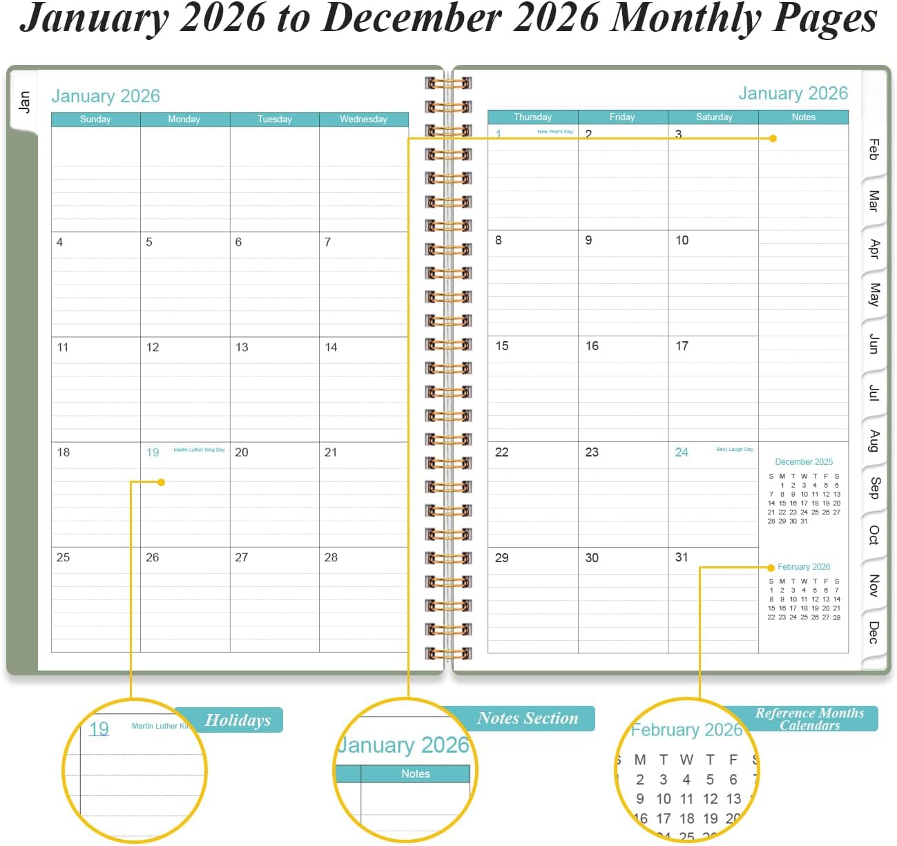2026 Daily & Monthly Planner - One Page Per Day, Daily Planner 2026 from January 2026 to December 2026, Planner 2026 with 12 Monthly Tabs, 6.4" x 8.5", Green