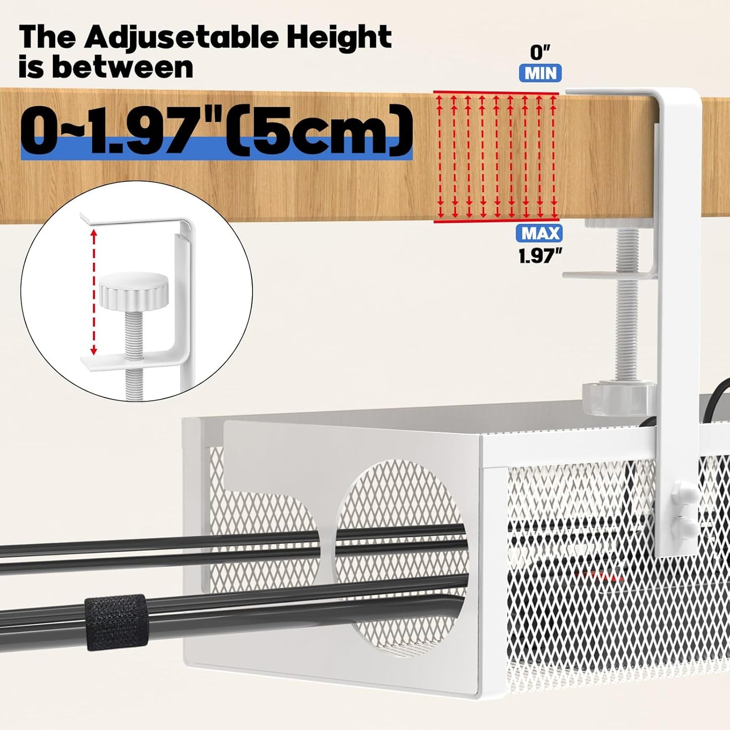 Under Desk Cable Management Tray No Drill 15.1’’, Metal Mesh Cable Management Box with Hybrid Side Slots & Reinforced Basket,Adjustable Cable Tray with Wire Management for Office Home,1 Pack (White)