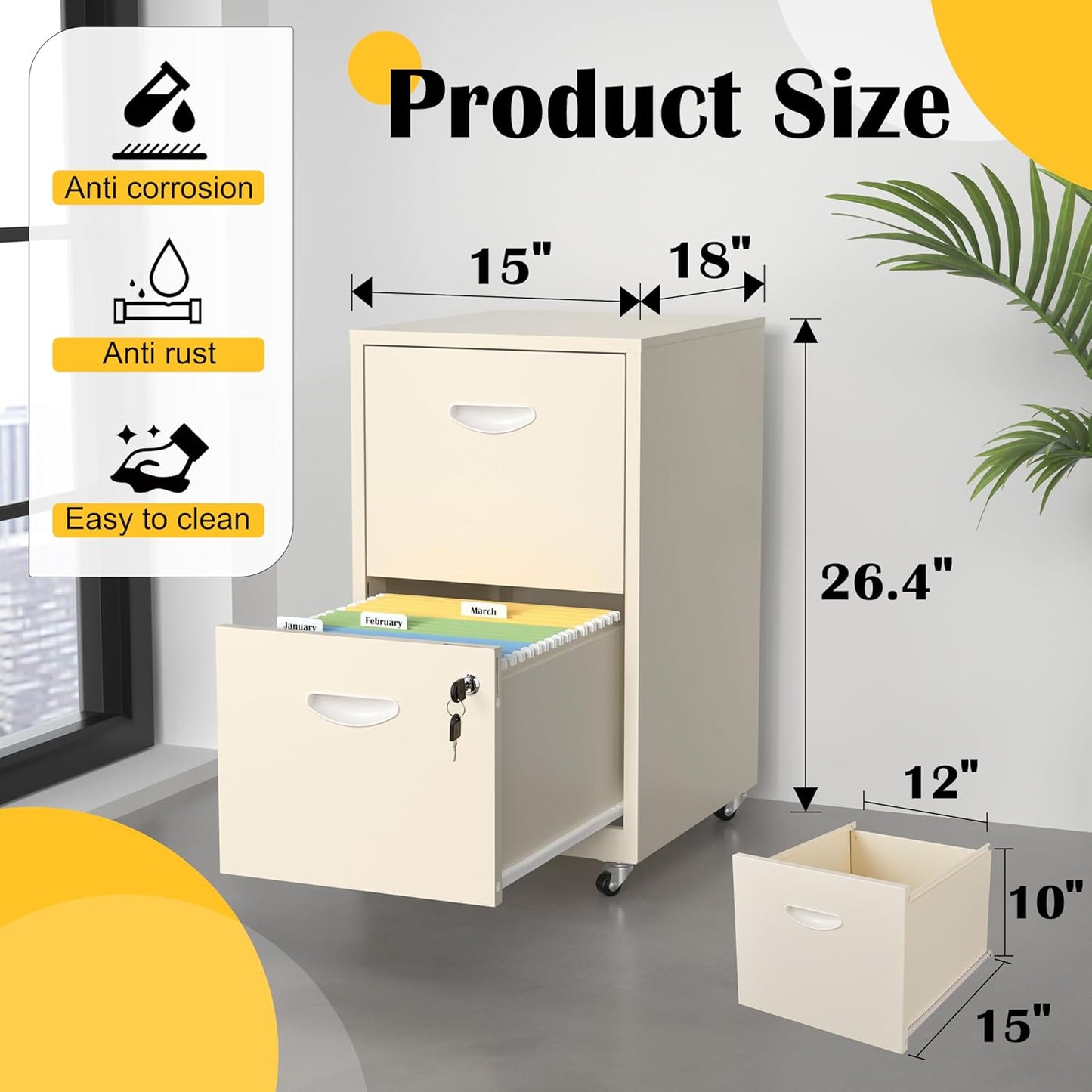 2 Drawer File Cabinet with Lock，Cream Rolling File Cabinet for Home Office, Metal Small Mobile Filing Cabinets on Wheels for Hanging Letter