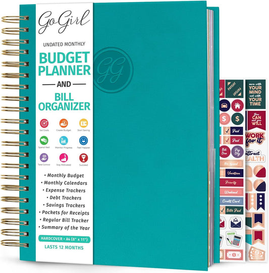 GoGirl Budget Planner & Monthly Bill Organizer – Monthly Financial Book with Pockets. Expense Tracker Notebook Journal, Large (Turquoise)