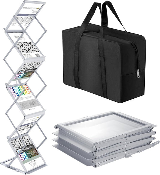 Tatuo Foldable Magazine Rack Metal Catalog Literature Rack Portable 6 Pockets with Carrying Bag Aluminum Brochure Stand Display Holder Stand for Exhibition Trade Show Office Retail Store