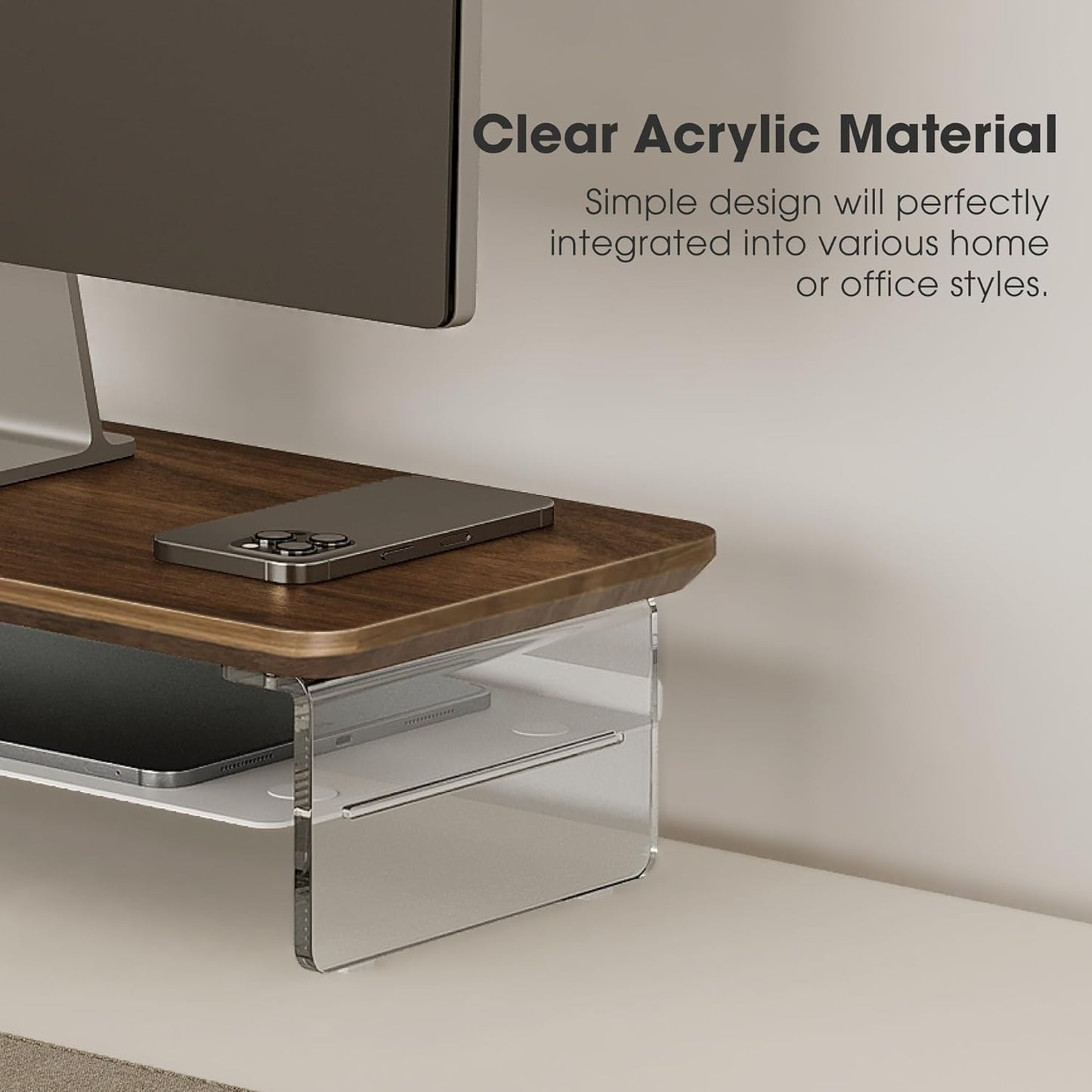 Fenge Acrylic Monitor Stand Riser, 23.6 Inches Monitor Stand with Metal Storage, 2 Tier Acrylic Computer Riser for Desk, Clear Laptop Stand for PC, Laptop, Printer, TV