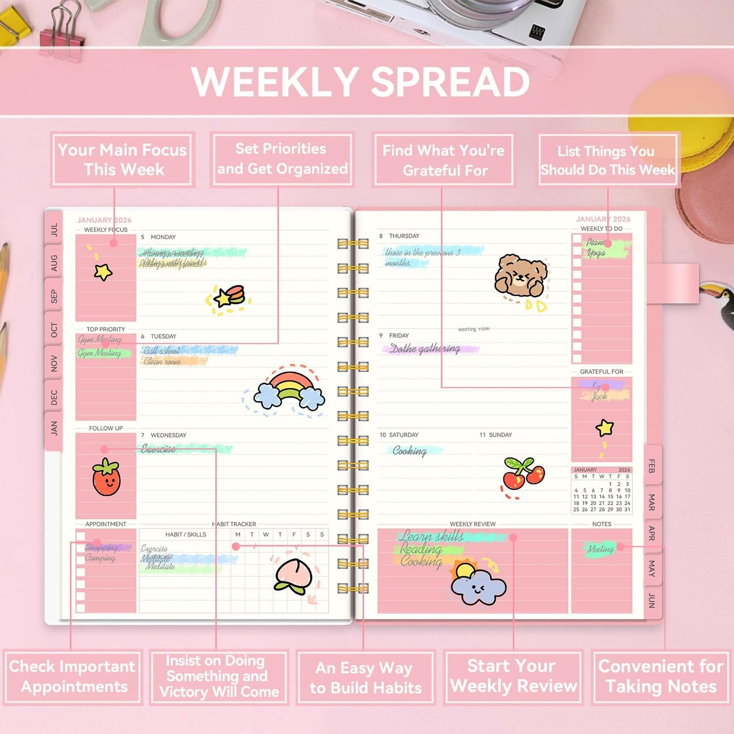 Planner 2025-2026 Weekly and Monthly, Academic Planner 2025-2026 for Teacher & Student, AIMPEAK Calendar Planners for Women, Daily Planners run from Jul.2025 - Jun.2026, Monthly Tabs, Pink, 5.5"x8.5"