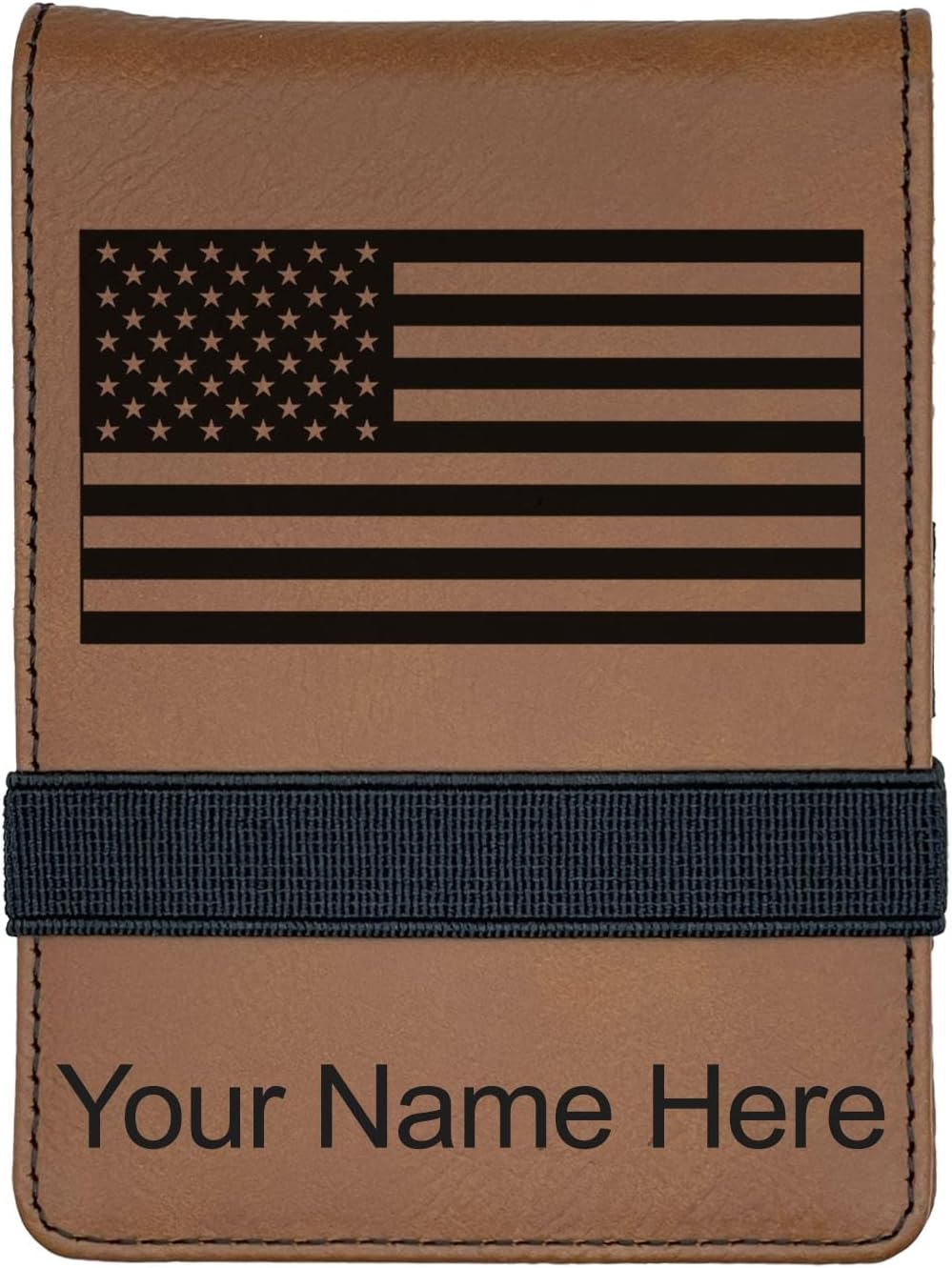 LaserGram Mini Padfolio with Notepad and Pen, Flag of The United States, Personalized Engraving Included (Dark Brown)