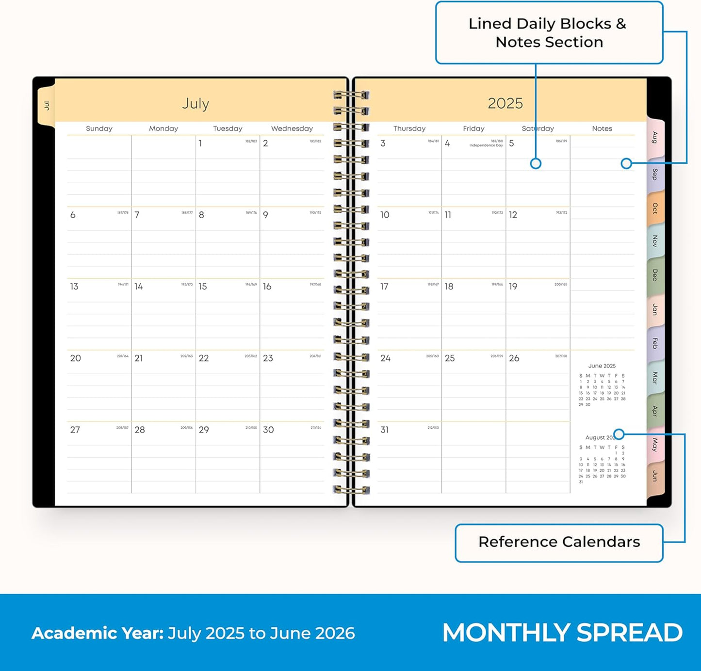 Blue Sky 2025-2026 Academic Year Weekly and Monthly Planner Calendar, July 2025 - June 2026, 12-Month, 5.8" x 8.6", Flexible Cover, Wirebound, Laminated Tabs, Storage Pocket, Black