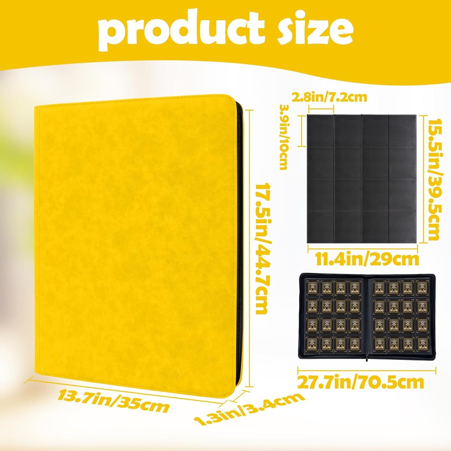 1000+ Pockets Trading Card Binder, 16 Pockets Trading Card Binder Ringless Side Loading Trading Card Album Folder for TCG,MTG,Sports Cards(Yellow)