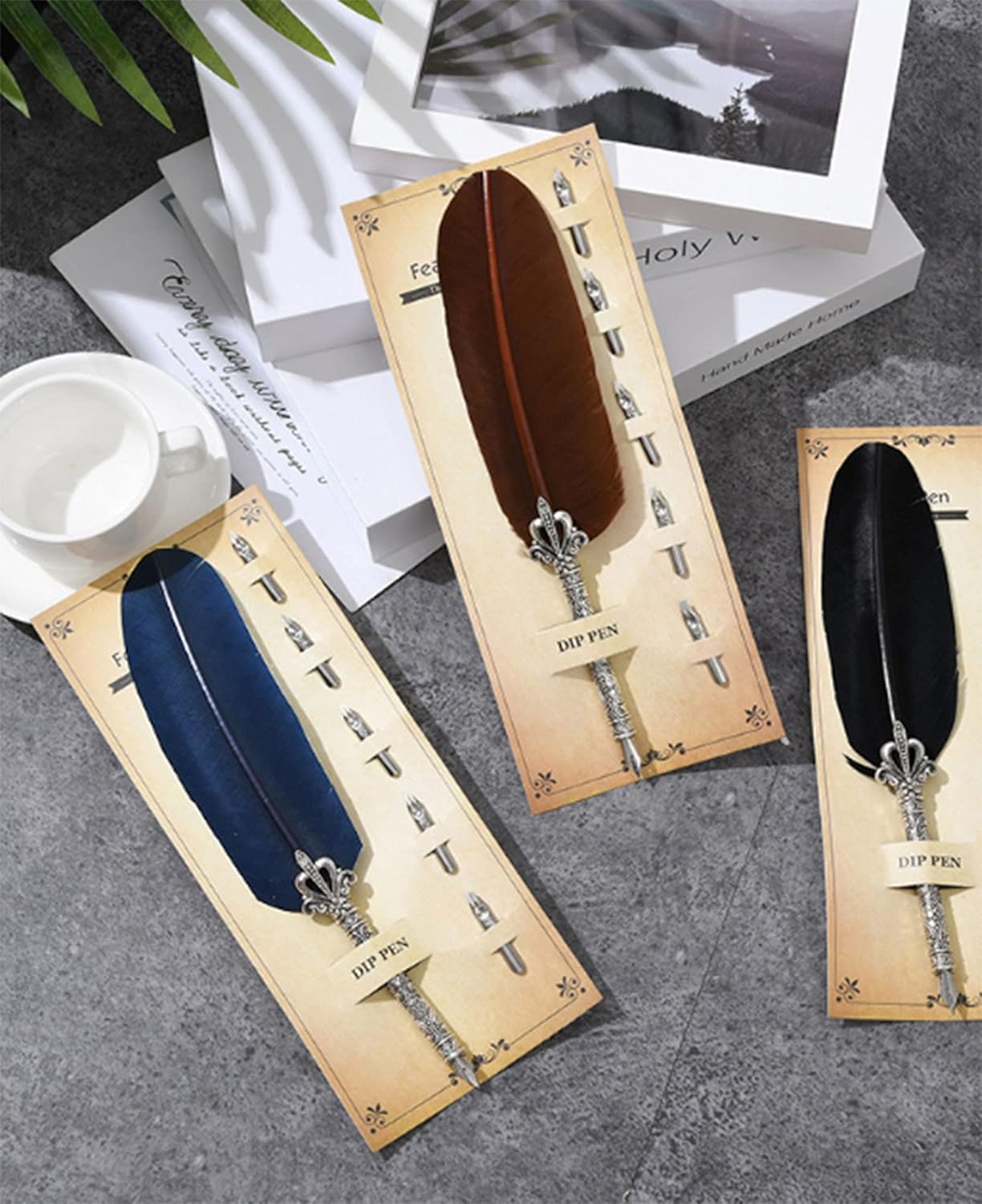 Gullor Calligraphy Feather Quill Pen and 5 Calligraphy Nibs for Beginners Kids Calligraphy Writing Quill Dip Pen Set, Navy