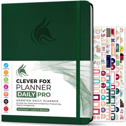 Clever Fox Planner Daily PRO - 8.5 x 11" A4 Size Daily Life Planner and Gratitude Journal to Increase Productivity, Time Management and Hit Your Goals - Undated - Lasts 3 Months (Forest Green)