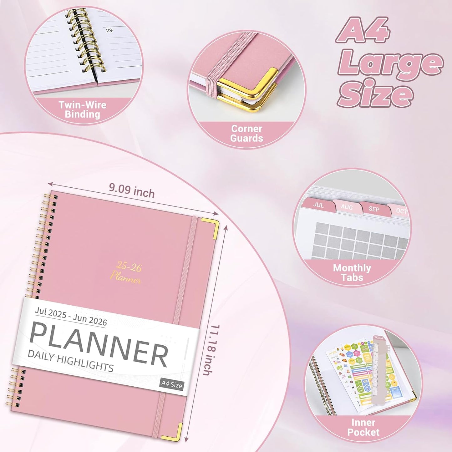 Academic Planner 2025-2026 (8.5" x 11") - Weekly & Monthly Planner (Jul. 2025 - Jun. 2026), Column View Calendar Organizers, Hardcover Agenda Book with Tabs for Office & School, Pink