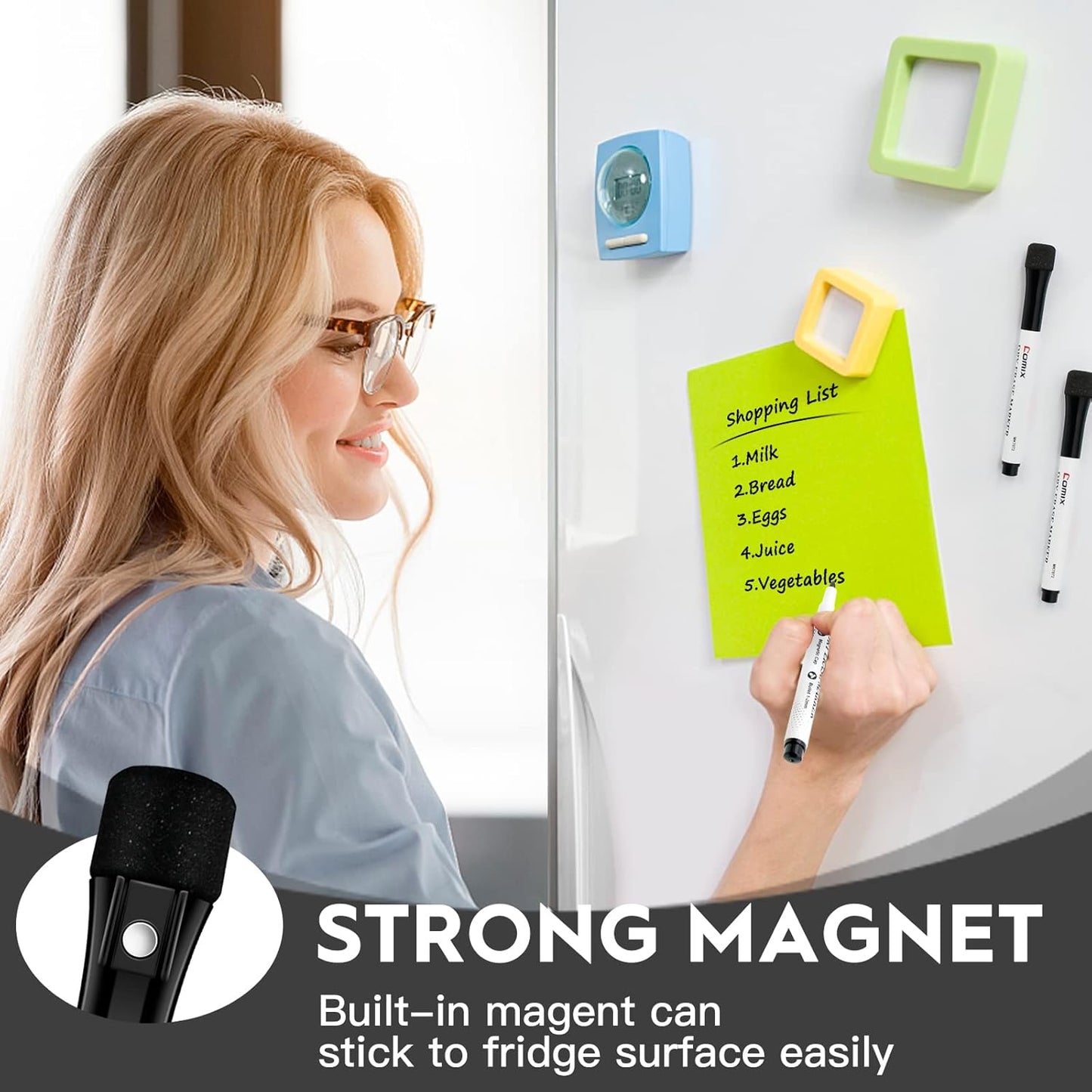 Comix Magnetic Dry Erase Markers, Fine Tip Black Whiteboard Markers with Eraser Cap, Low Odor Black Markers for Kids Teachers