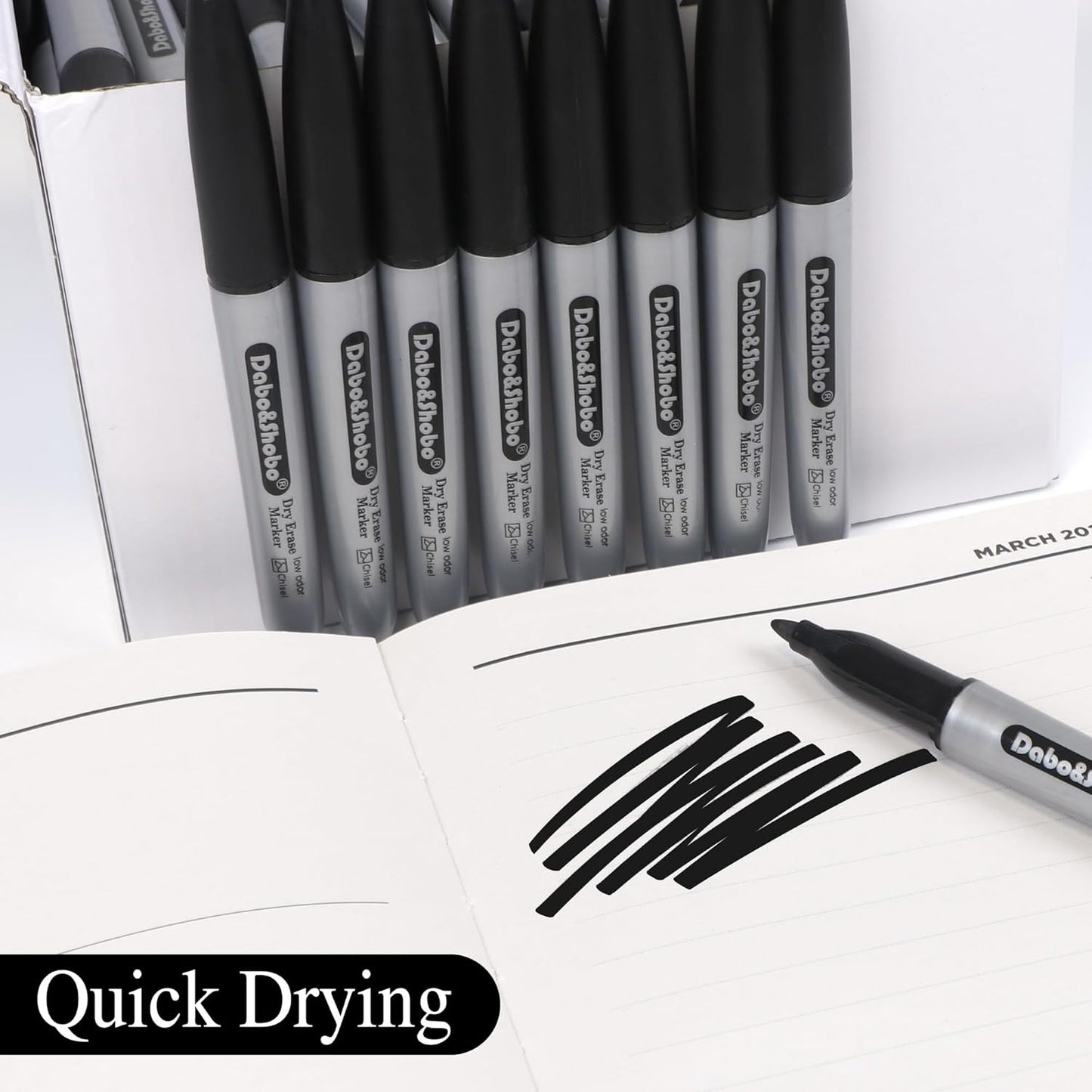 Dabo&Shobo Dry Erase Markers, 100 Count Black Whiteboard Markers, New Barrel Color, Low Odor, Chisel Tip, Suitable for School, Office, or Home
