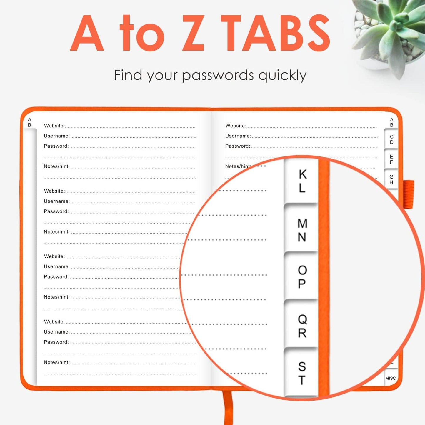 Elegant Password Book with Alphabetical Tabs - Hardcover Password Book for Internet Website Address Login - 5.2" x 7.6" Password Keeper and Organizer w/Notes Section & Back Pocket (Orange)