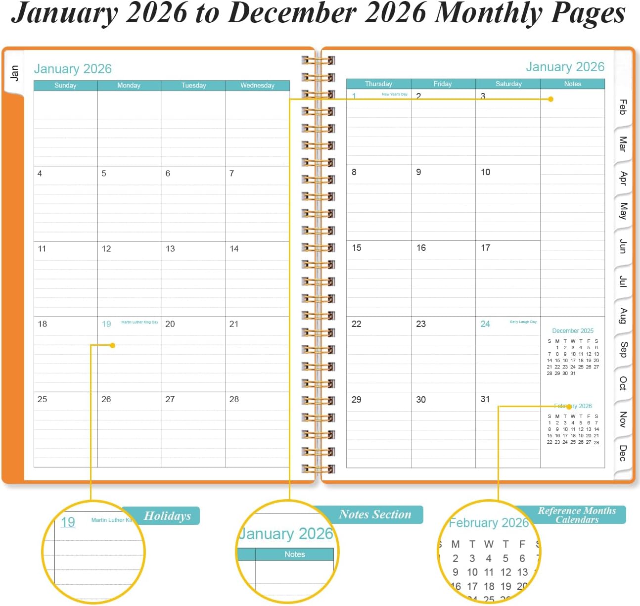 2026 Planner - Weekly and Monthly Calendar Planner from Jan 2026 - Dec 2026, Planner 2026 Spiral Bound with 12 Monthly Tabs, Inner Pocket, Perfect for School Office Supplies, 6.4" x 8.5", Orange-C