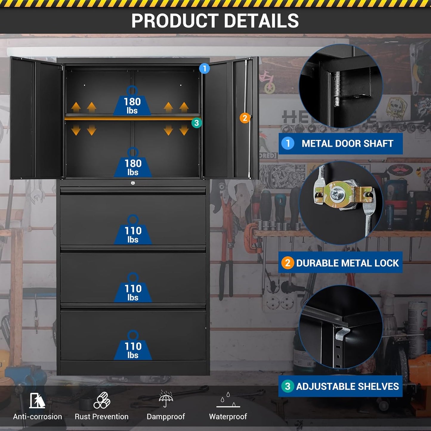 3 Drawers Lateral File Cabinet with Lockable Drawer and Door- Large Steel Filing Cabinet for Home Office Hanging Files Letter/Legal/F4/A4 Size