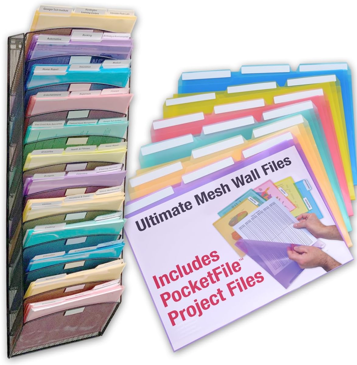 Ultimate Office Mesh Wall File Organizer, 12 Tier Vertical Mount Hanging File Sorter. Multipurpose Display Rack Includes 18, 3rd Cut PocketFile Clear Document Folder Project Pockets (Black)