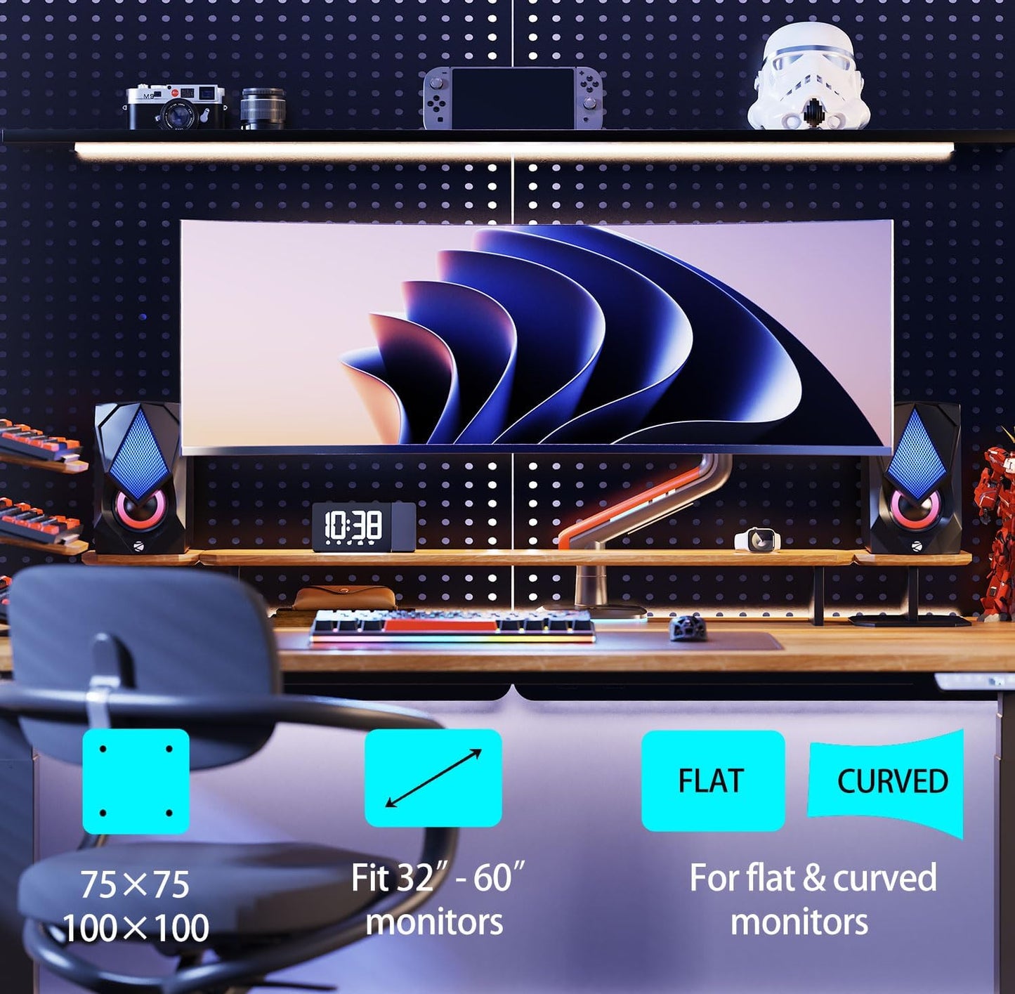 NB Gaming Monitor Arm or for 32 to 60 Inches Screen, Load up to 20 kg, VESA 75/100, RGB-Light, Heavy Duty, Multi Angle Adjustable, Premium Aluminum, Red