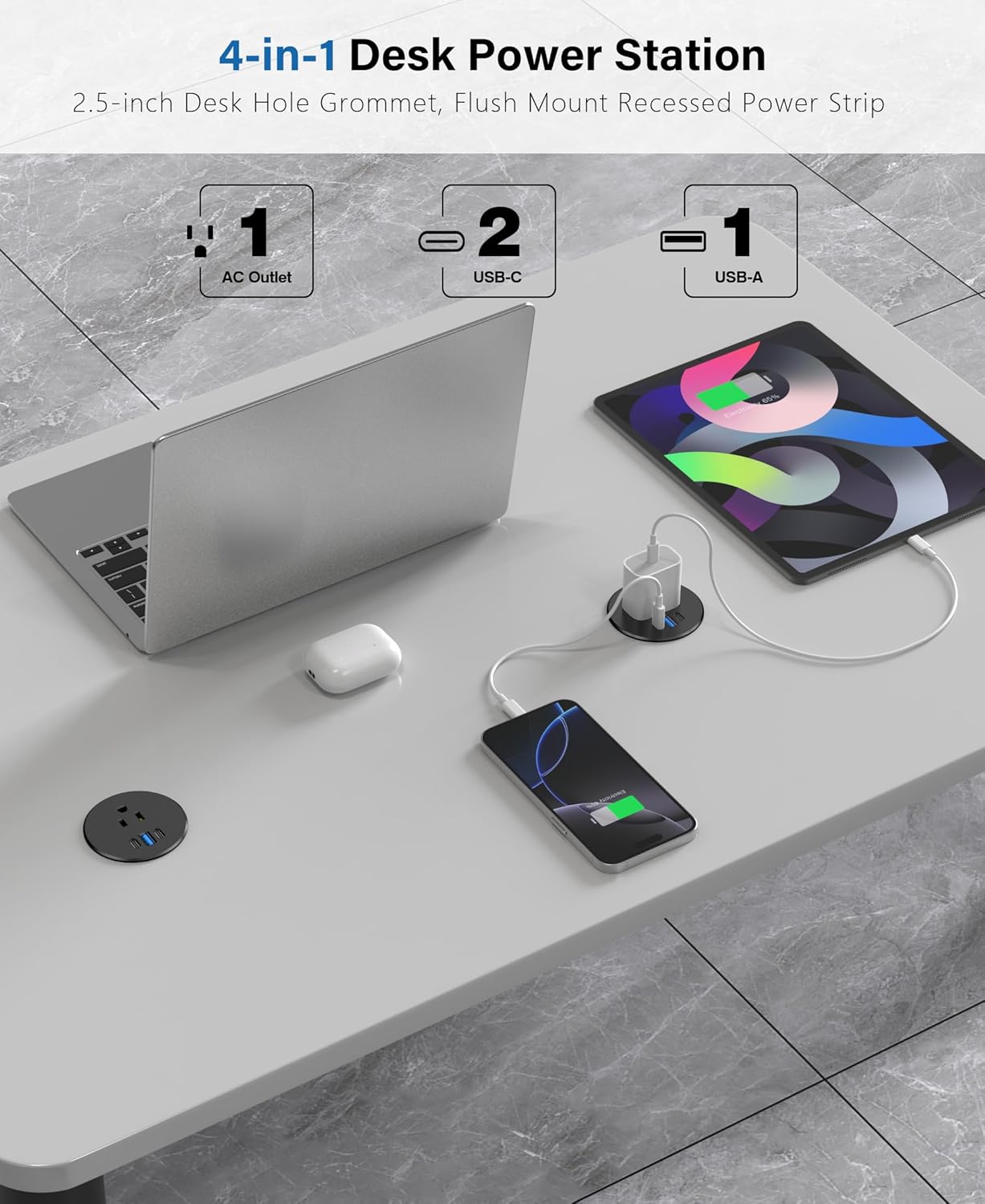 2.5 inch Power Grommet,20W USB-C Charging,1 Outlet with 2 USB C,1 USB Port,Furniture Flush Mount for Desktop,Recessed Power Strip,Workspace Essential Desk Outlet (Black, 6 FT)