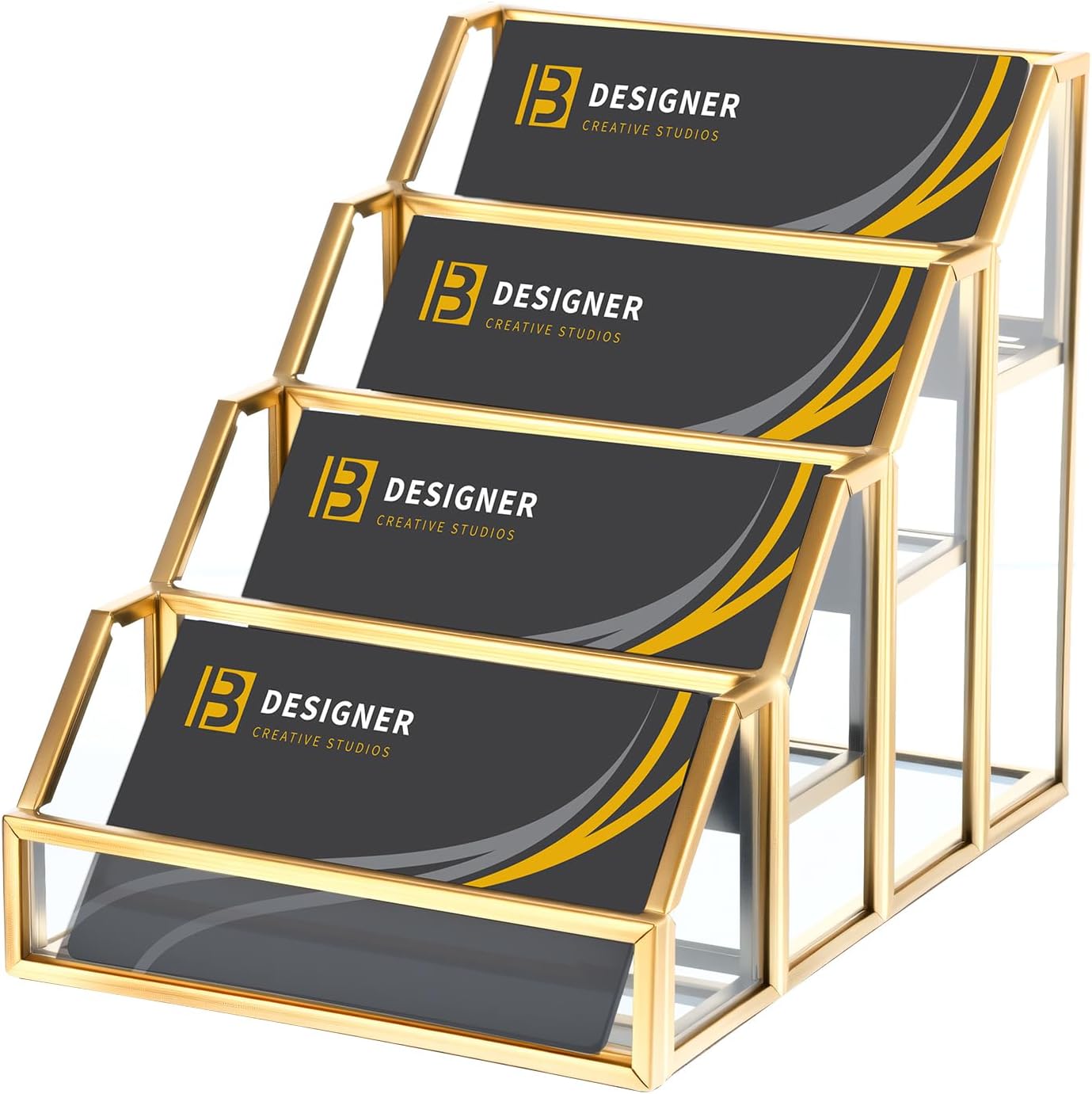 4 Slots Glass Business Card Stands for Display, Desktop Business Card Holder with Gold Metal Frame, Clear Name Cards Organizer for Office, Exhibition, and Meetings (4.13" L x 5.9" W x 4.72" H)