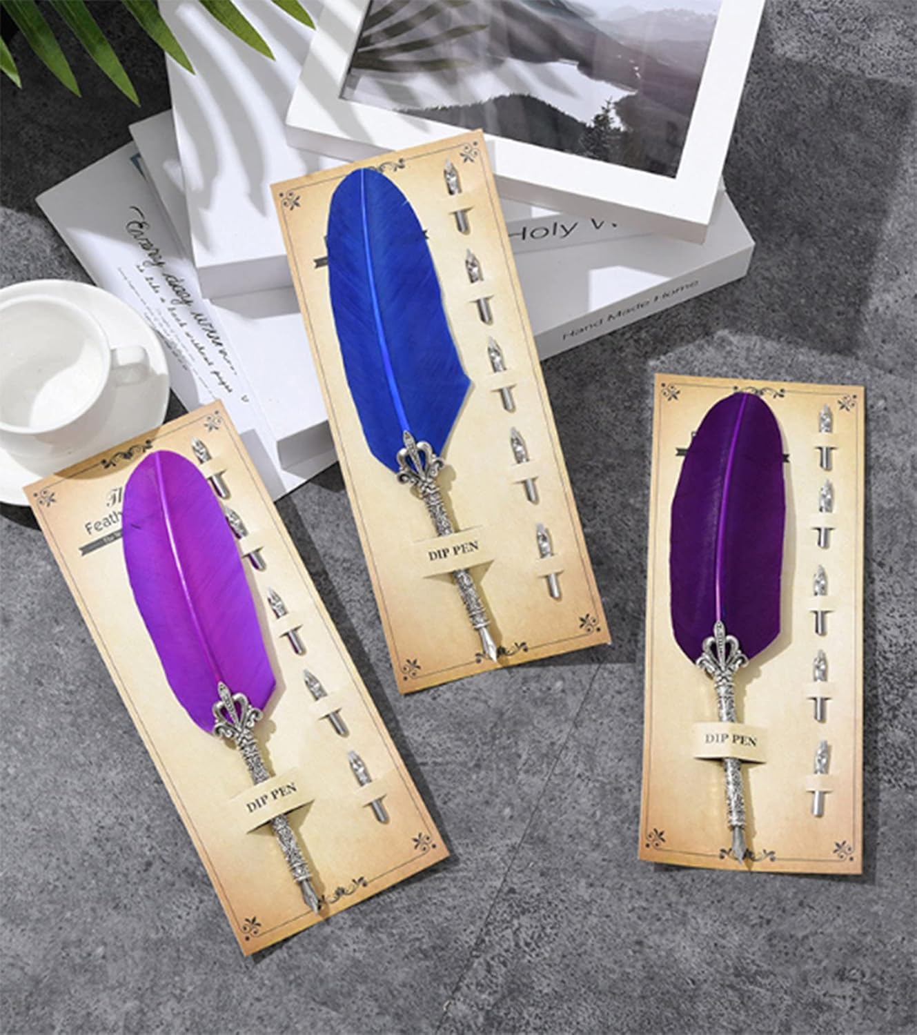 Gullor Calligraphy Feather Quill Pen and 5 Calligraphy Nibs for Beginners Kids Calligraphy Writing Quill Dip Pen Set, Purple