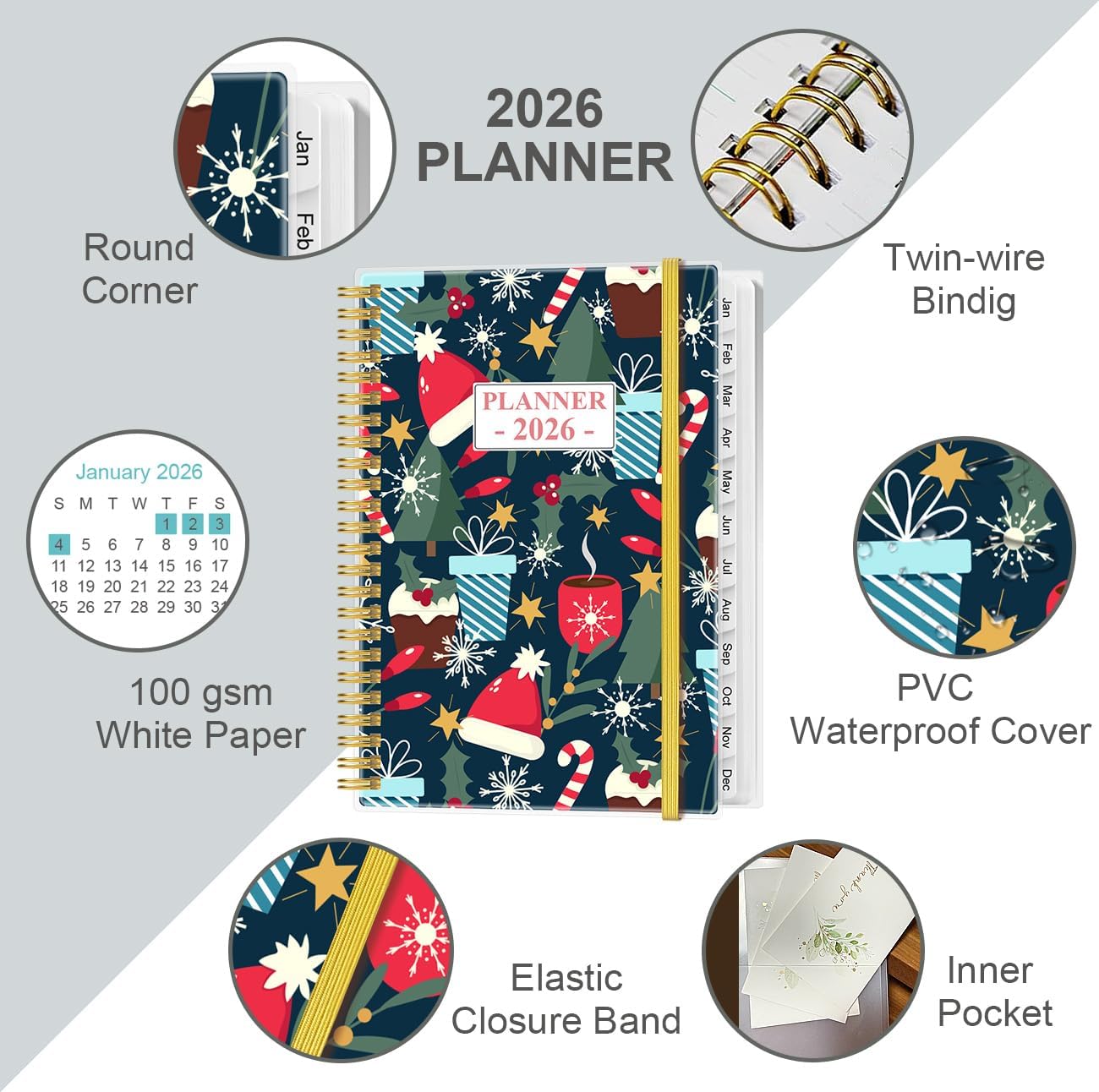 2026 Planner - Planner 2026 from January 2026 - December 2026, Weekly & Monthly Planner Spiral Bound with 12 Monthly Tabs, Inner Pocket, 6.4" x 8.5", Christmas Tree