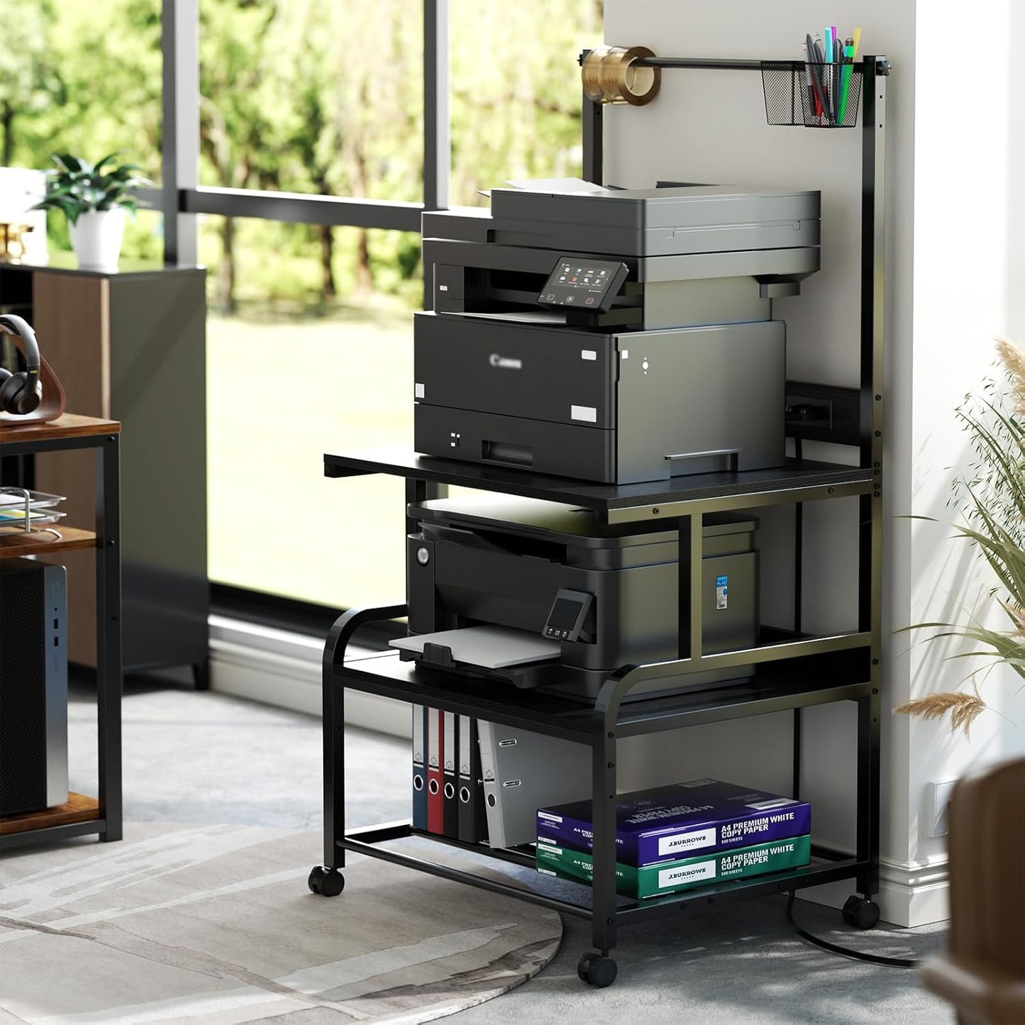 Homieasy Printer Stand with Charging Station, 29.1" x 22.8" Large 3D Printer Table with Filament Storage, Heavy Duty Rolling Printer Cart with 4-Tier Storage for Workshop/Office/Garage, Black