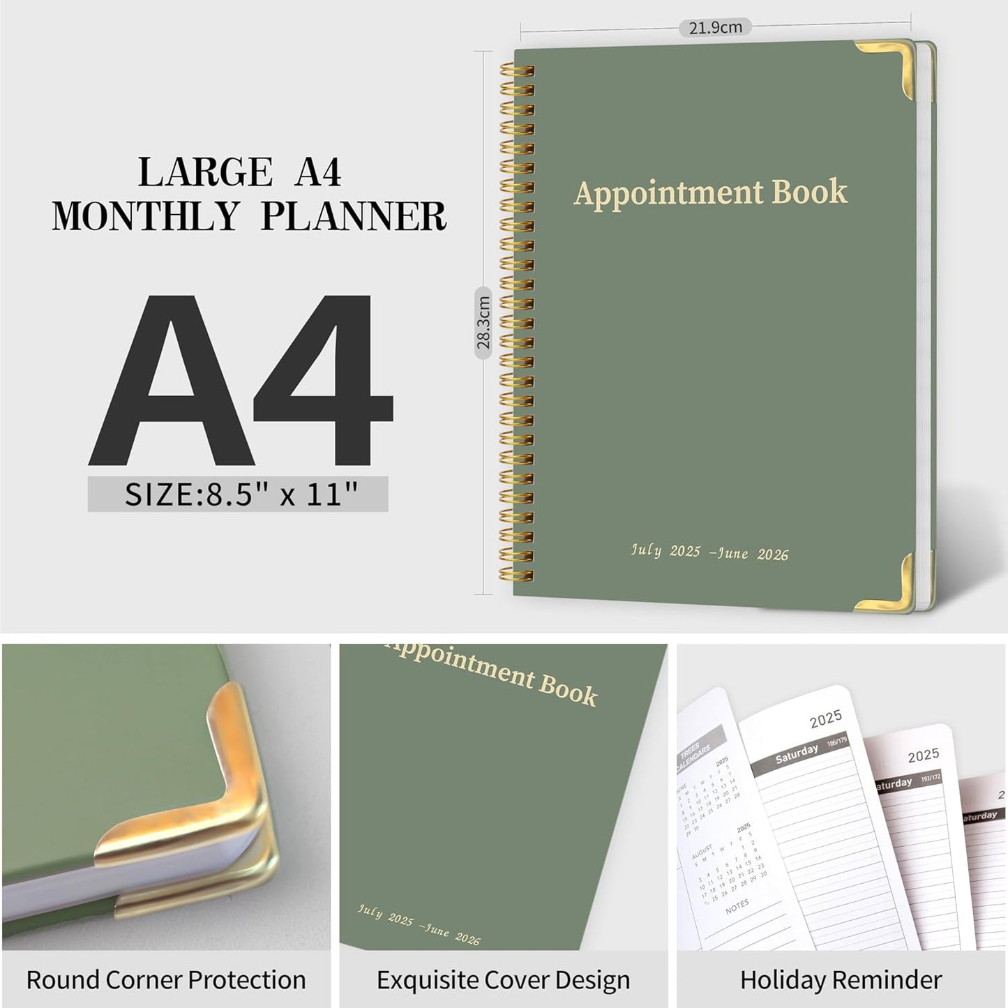 Appointment Book/Planner 2025-2026 - Daily Hourly Schedule Planner from 7am - 10 pm, Weekly & Monthly Hourly Appointment Book Calendar from July 2025 - June 2026, 9" x 11"-Green