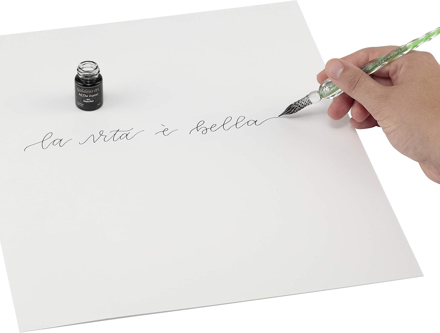 Hand-blown Crystal Glass Dip Pen for Writing, Drawing, Signatures, Hand Lettering and Art, Includes Pen Rest and Black Ink - Gift Box Set - Graphite