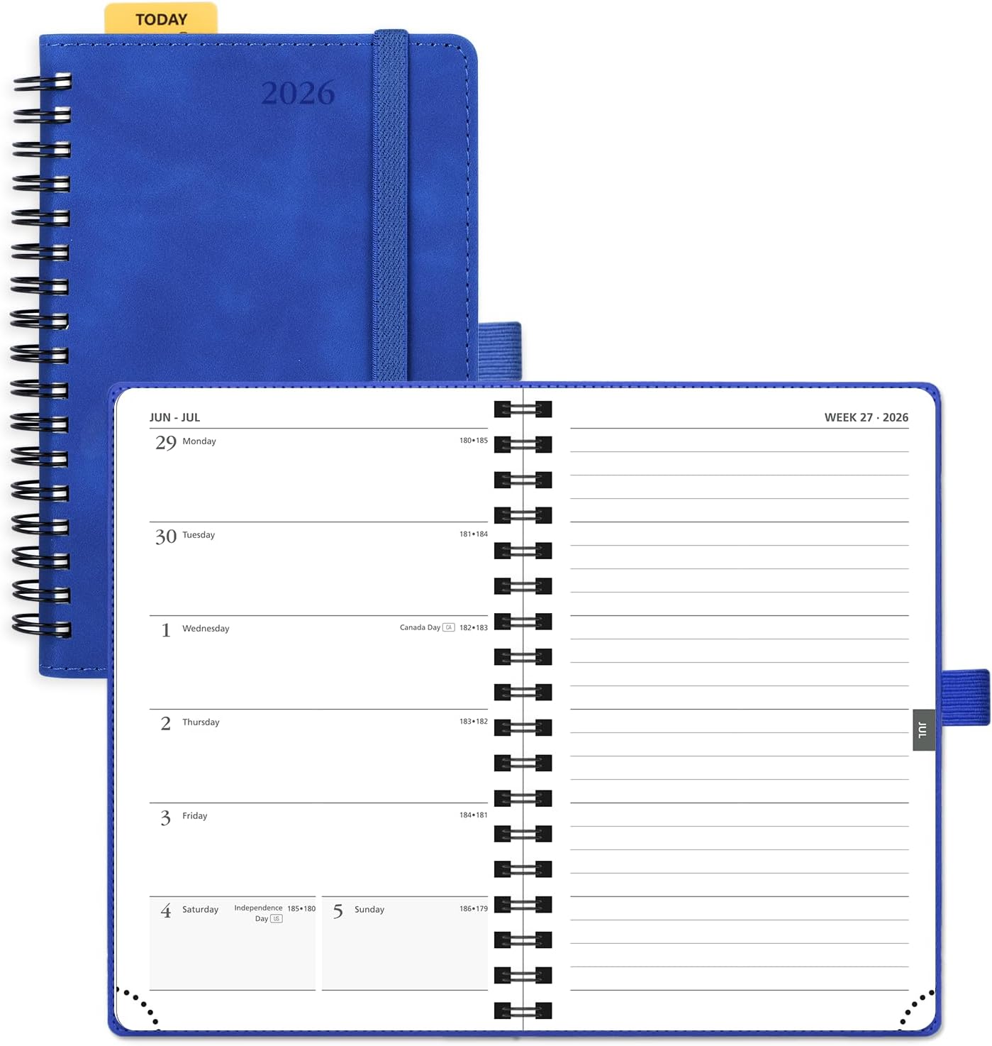 POPRUN 2026 Planner Weekly Notebook (Jan-Dec), Small Size 4''x 6.25'' - 2026 Pocket Calendar for Purse with Spiral Soft Cover, Plastic Ruler, Inner Pocket, 100 GSM - Royal Blue