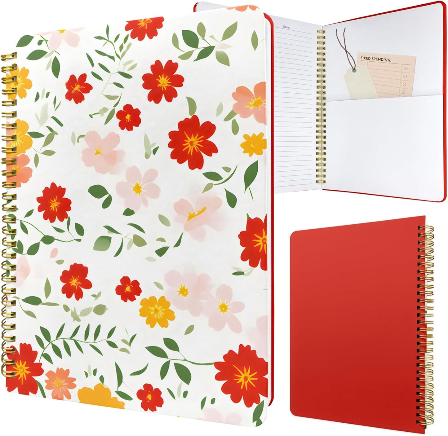 Cute Spiral Notebook journal B5 Aesthetic Pretty Design for Women Girls Kawaii with Pocket, 10 x 7.2 inch, Lined, Red Floral