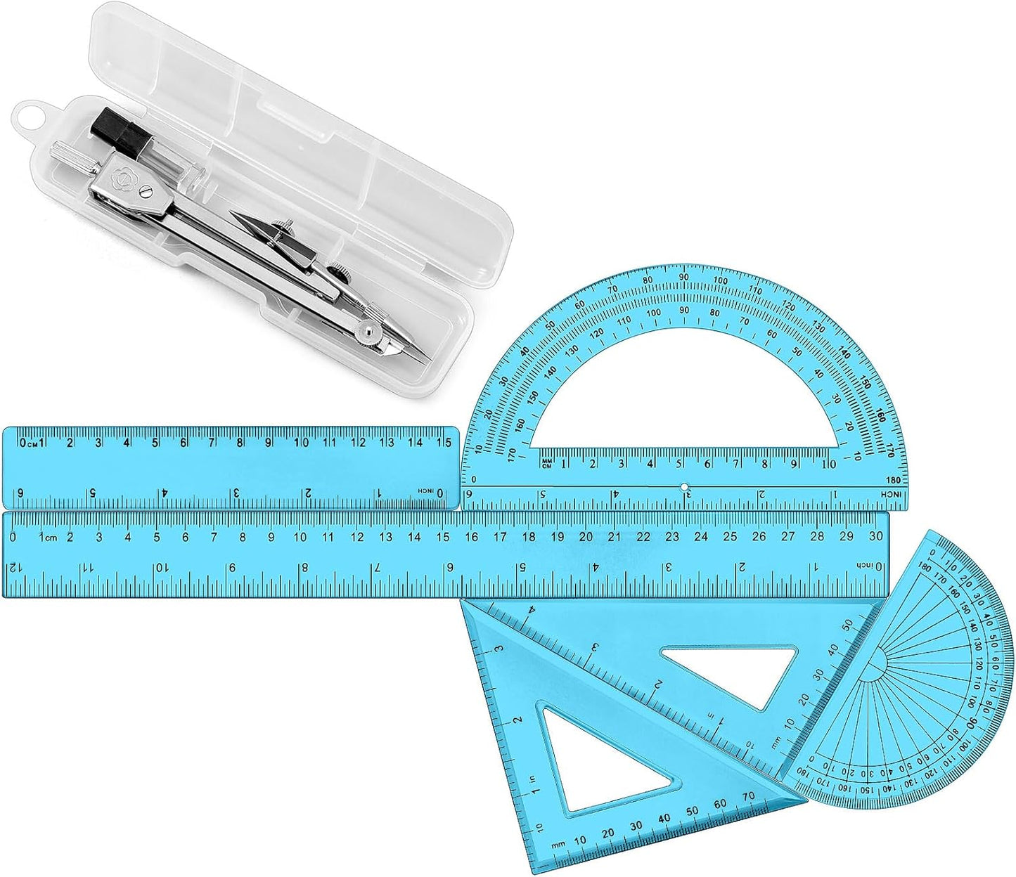Zonon 1 Set Plastic Geometry Math Set Includes Drawing Compass, 6 Inch 4 Inch Protractor, 45/60 Degree Triangle Rulers 12 Inch 6 Inch Math Ruler Transparent for Office Supplies(Blue)