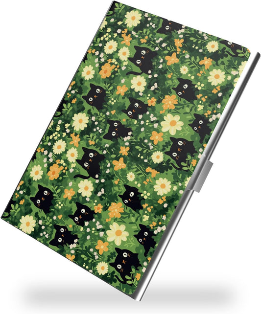 Business Card Metal Slim Organizer, Professional Stainless Steel Square Pocket Wallet for Office Workers, Compact and Portable for Pockets (Cats and Flowers)