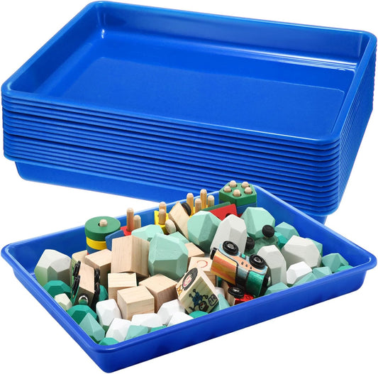 Maitys 15 Pcs Flat Plastic Trays 16.1 x 11.8'' Sensory Storage Tray Paper Stackable Classroom Bins for Office Home Organizer Arts and Crafts Supplies(Blue)