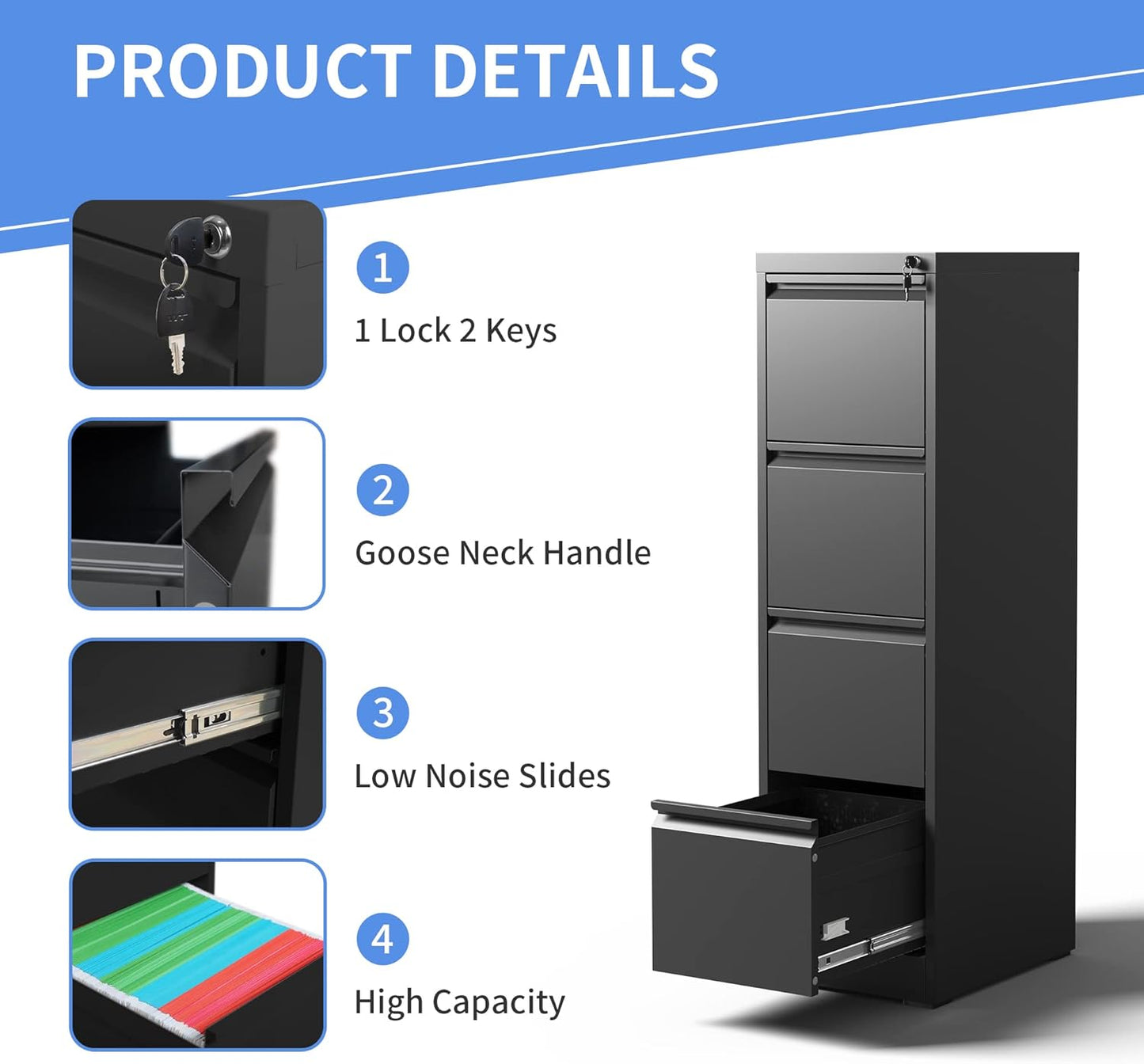 4 Drawer File Cabinet with Lock, Vertical File Cabinet with Lock, Locking File Cabinet Hanging Files for A4/ Legal/Letter, Require Assembly, Black