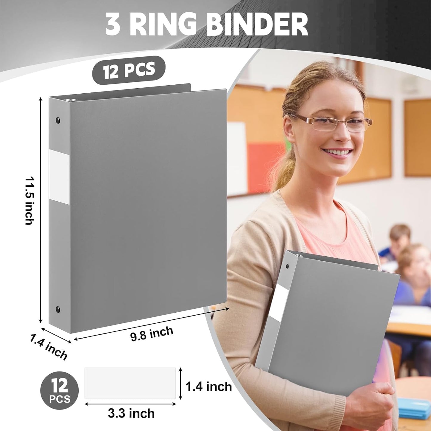 12 Pcs 1 Inch 3 Ring Plastic Binder Flexible Binders Bulk Fits Letter Size 8.5'' x 11'' Paper Holds up to 225 Sheets with 1 Pockets Versatile Binder for School Office Home (Gray)