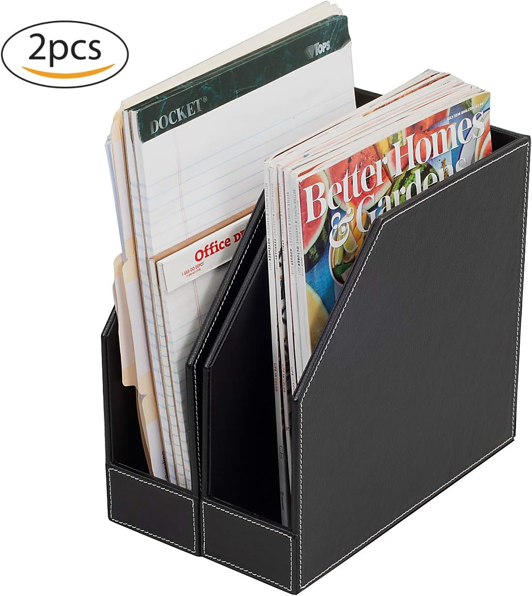 MobileVision Executive Leather Vertical File Folder Holder & Office Product Organizer, Store Files, Magazines, Notepads, Books and more, 2 Pack Combo Set